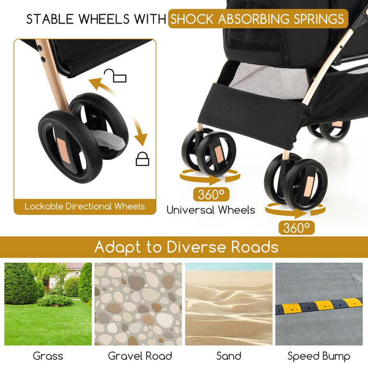 Giantex Pet Stroller 3-in-1, Folding Dog Stroller Detachable Carrier Car Seat (Black &amp; Gold)