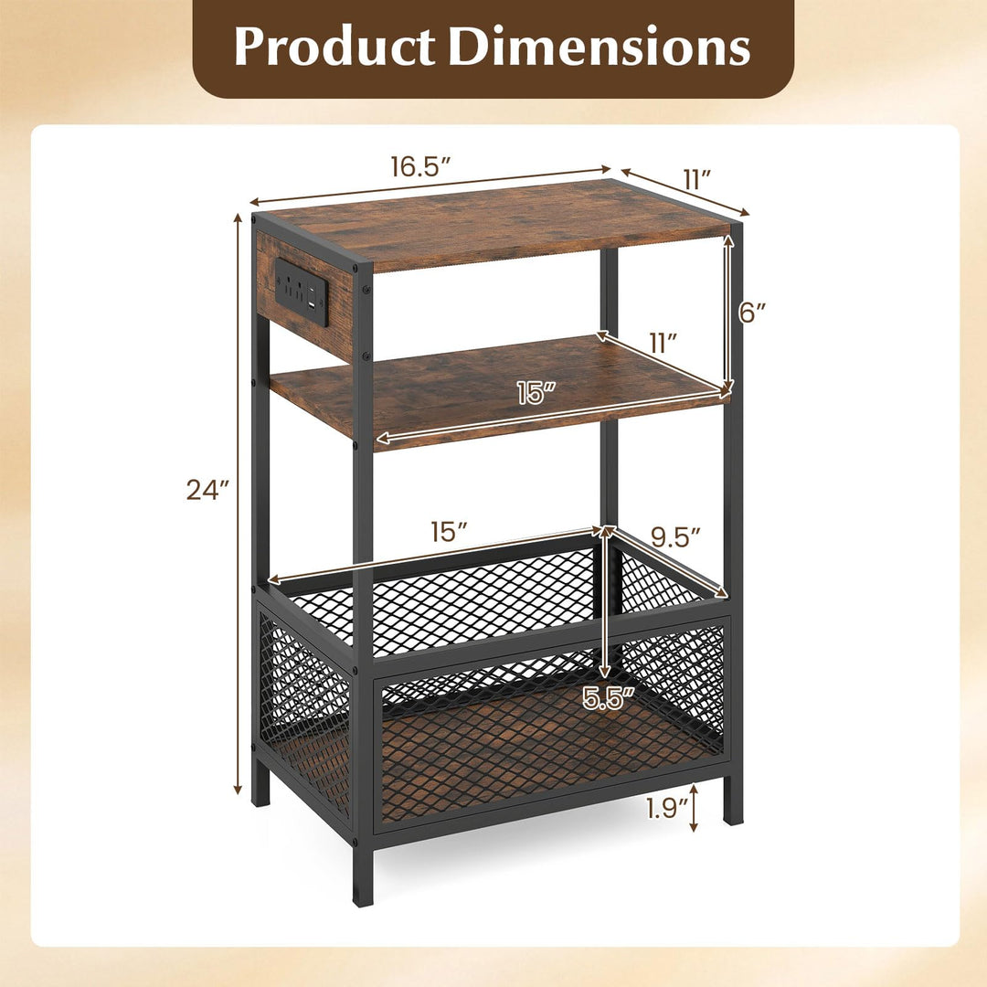 Giantex 3-Tier End Table w/Metal Mesh Compartment &amp; 2 AC Outlets (1/2)