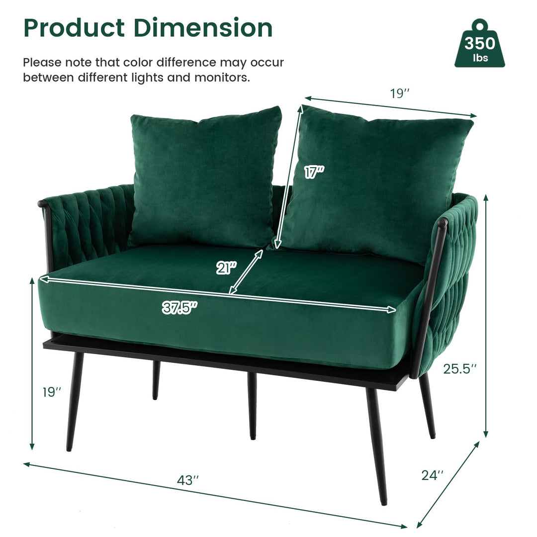 Giantex Loveseat Sofa, Upholstered 2 Seat Sofa Couch with Dutch Velvet, Woven Back and Arms, 2 Pillows
