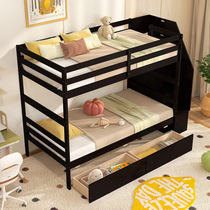 Giantex Bunk Bed Twin Over Twin with Storage Stairs &amp; Drawers, Solid Wood Bunk Bed with Full-Length Guardrails