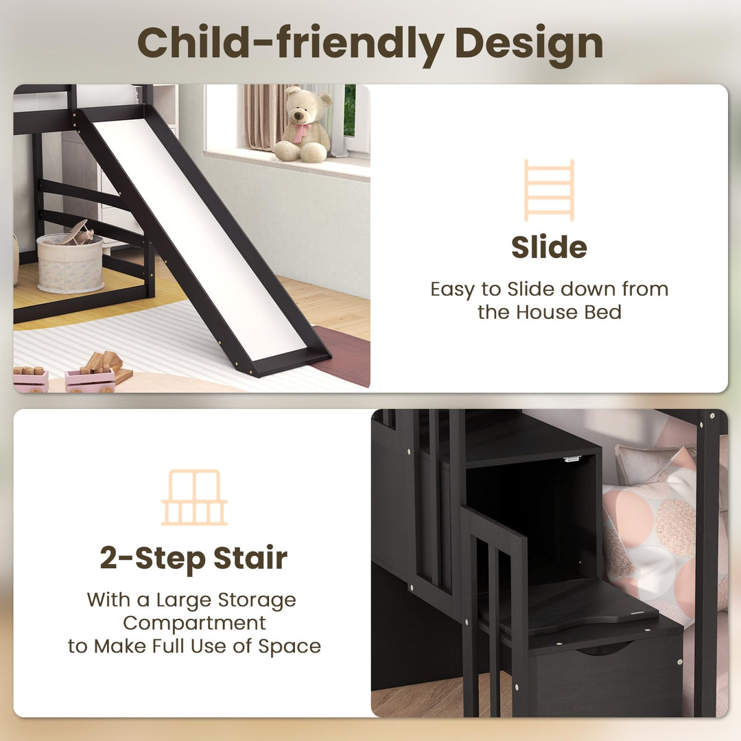 Giantex House Bunk Bed Twin Over Twin with Slide and Storage Stairs, Solid Wood Low Loft Bed Frame with Roof &amp; Guardrail
