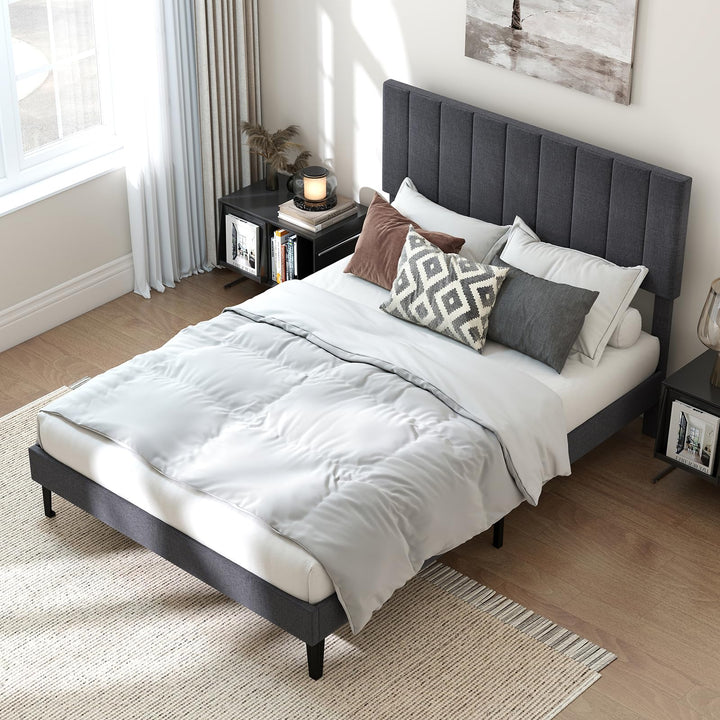 Giantex Queen/Full/Twin Size Upholstered Bed Frame Platform Bed with Height Adjustable Vertical Channel Headboard