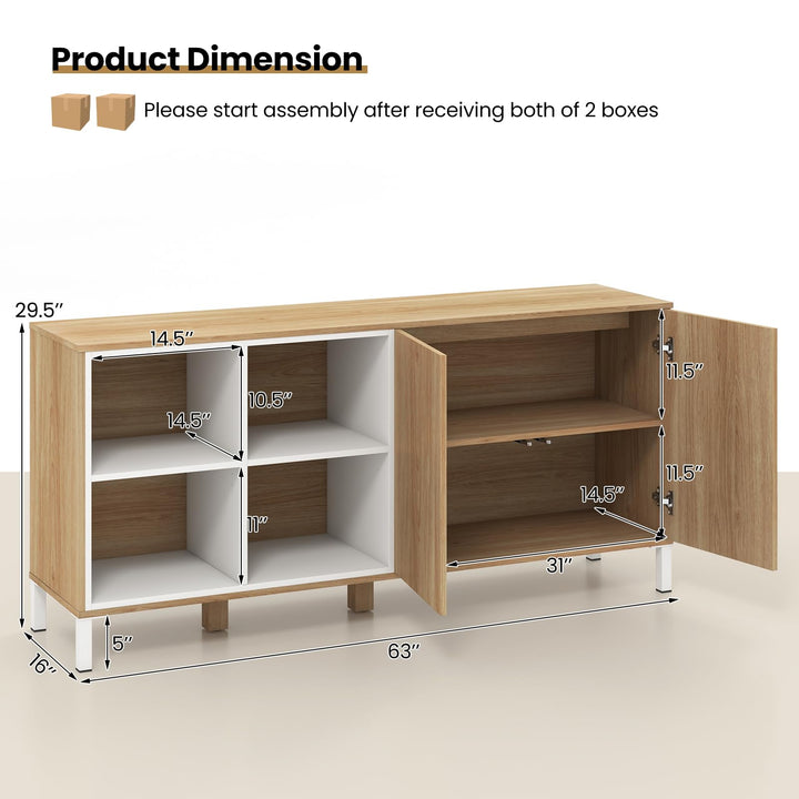 Giantex 63” Buffet Cabinet with Storage, Farmhouse Kitchen Sideboard w/ 4 Cubes, Adjustable Shelves &amp; Pop-up Doors