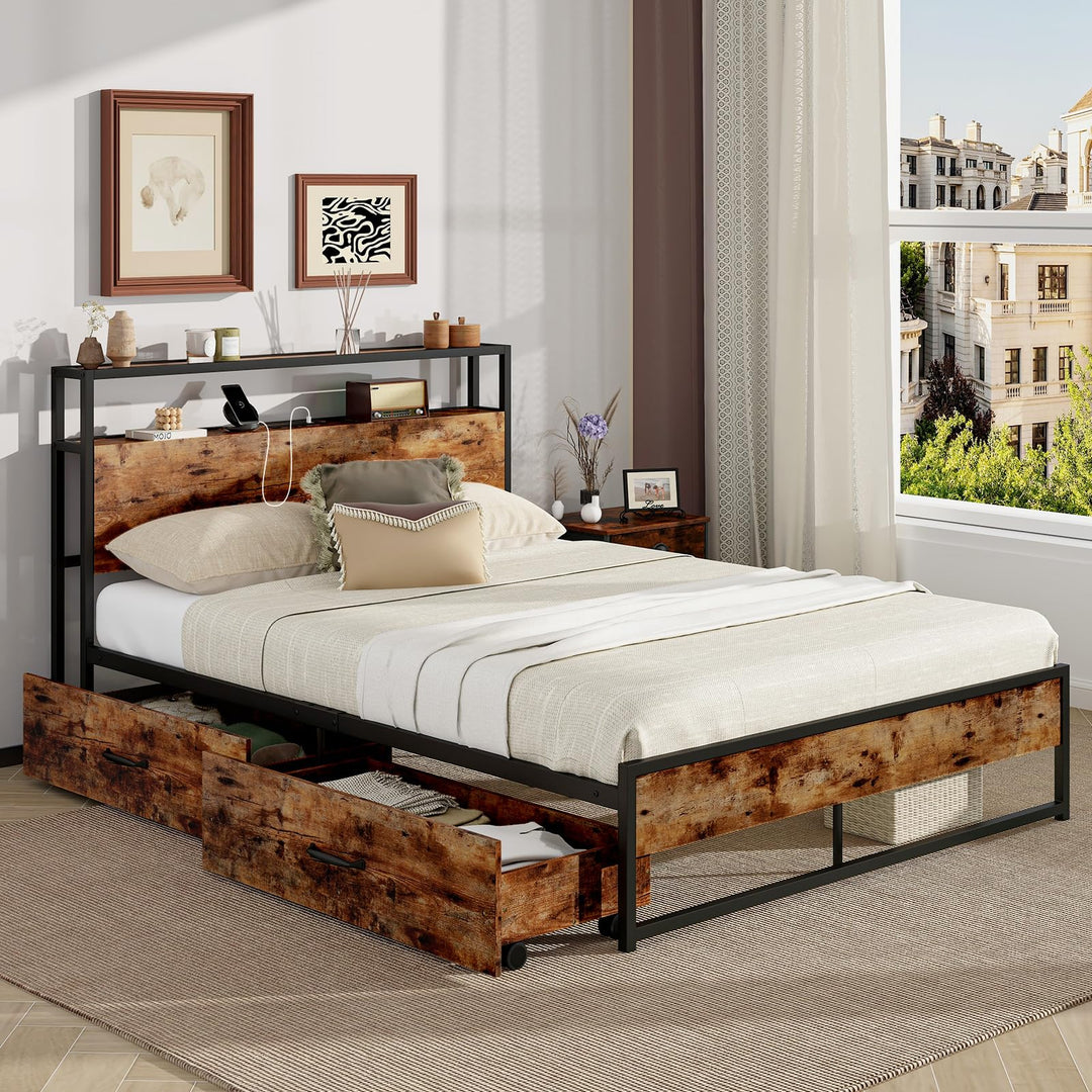Giantex Queen/Full Size Bed Frame with 2-Tier Storage Headboard