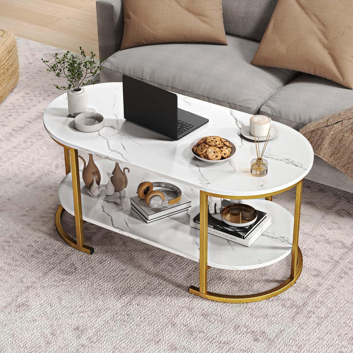 Giantex 2-Tier Coffee Table Oval Center Table with Wood Grain Top &amp; Open Storage Shelf
