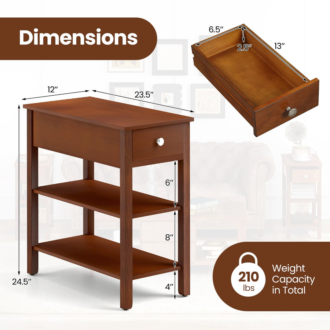 Ginatex Narrow Side Table Small End Tables with Drawer &amp; Open Storage Shelves