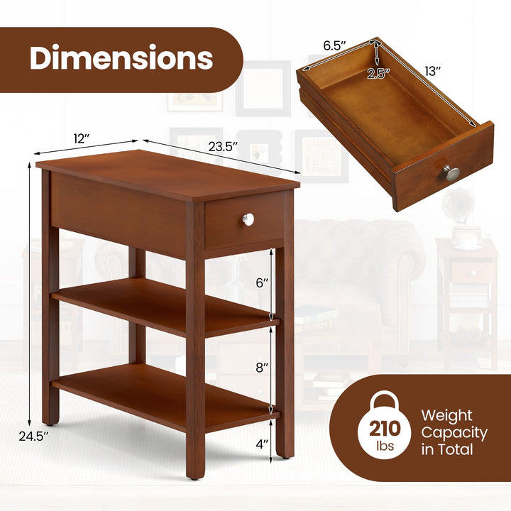 Ginatex Narrow Side Table Small End Tables with Drawer &amp; Open Storage Shelves