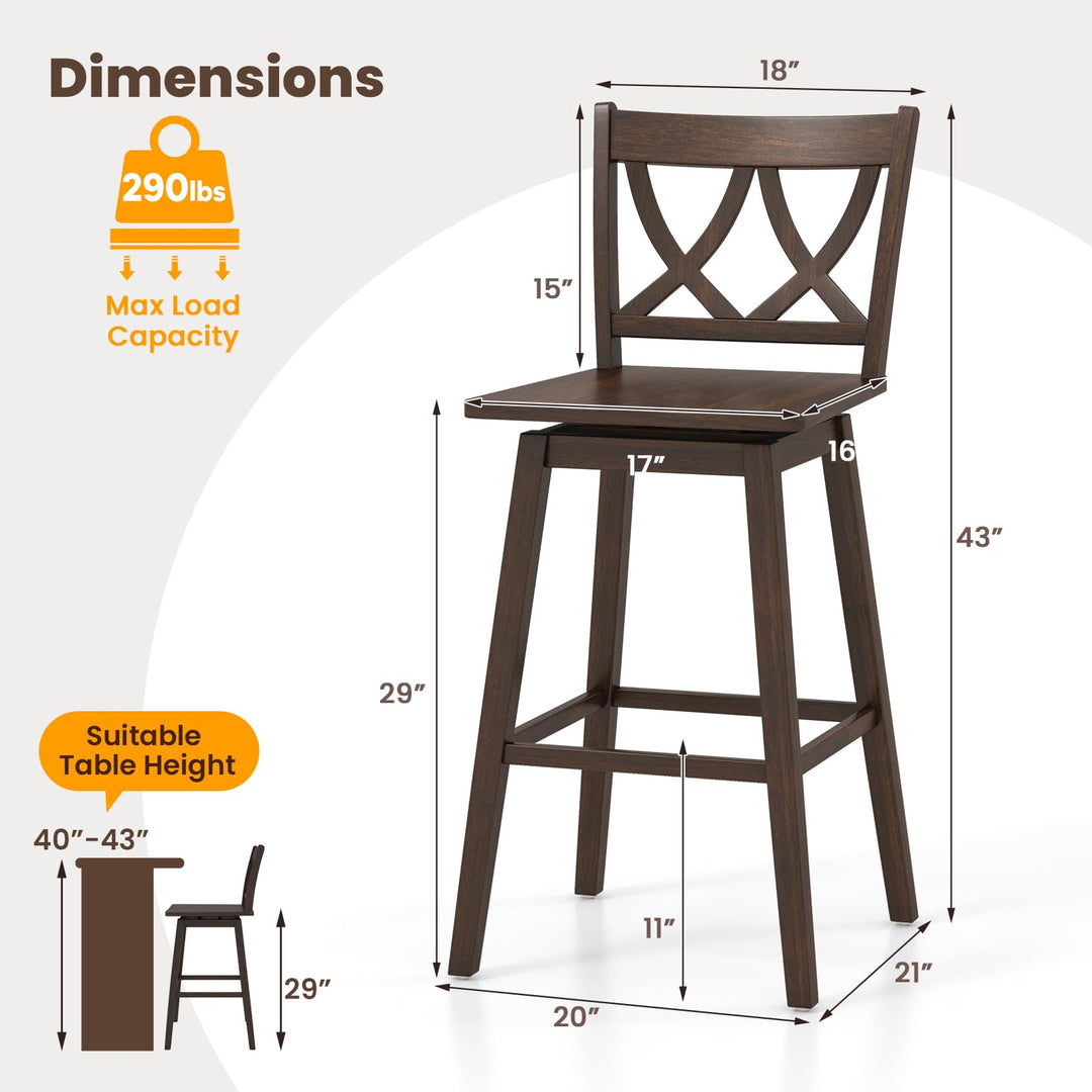 Giantex 29" Bar Stools Set of 2/4, Swivel Wooden Bar Chairs with Rubber Wood Frame, for Kitchen Island, Restaurant &amp; Pub, Dark Grey
