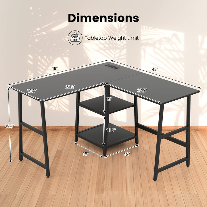 Giantex L Shaped Desk with Power Outlets &amp; USB Ports, 48" Corner Gaming Desk with 2 Tier Storage Shelves