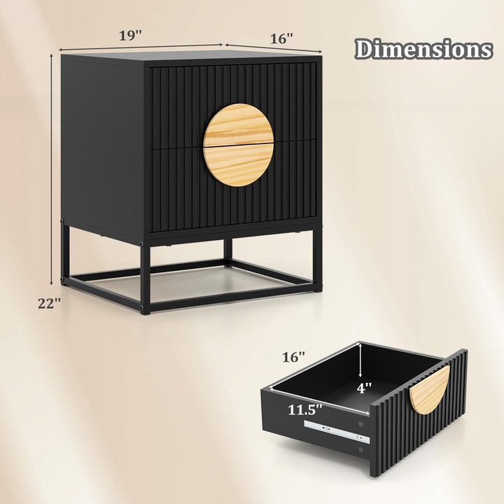 Giantex Fluted Nightstand with 2 Drawers with Natural Circle Handle &amp; Metal Frame