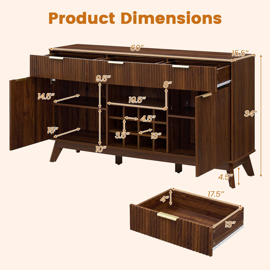 GIANTEX 60" Fluted Wine Bar Cabinet with 3 Stoarge Drawers &amp; Wine Rack Adjustable Shelves