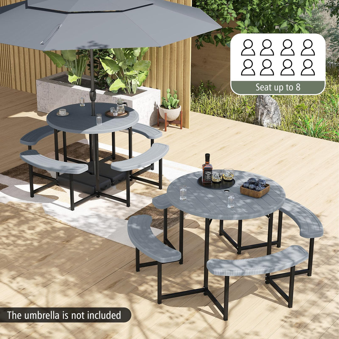 Giantex Round Picnic Table Bench Set with 4 Benches and Umbrella Hole for Patio Lawn