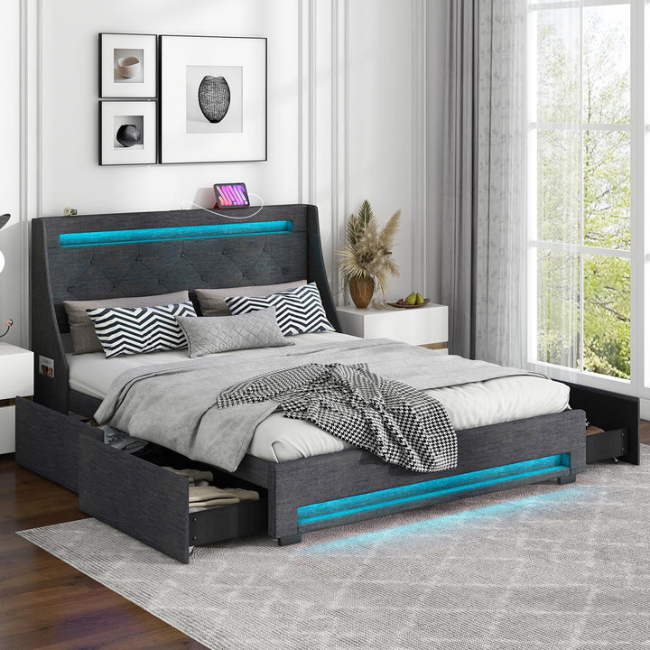 Giantex Full Size Bed Frame with LED Lights &amp; Charging Station, Upholstered Platform Bed with Wingback Headboard