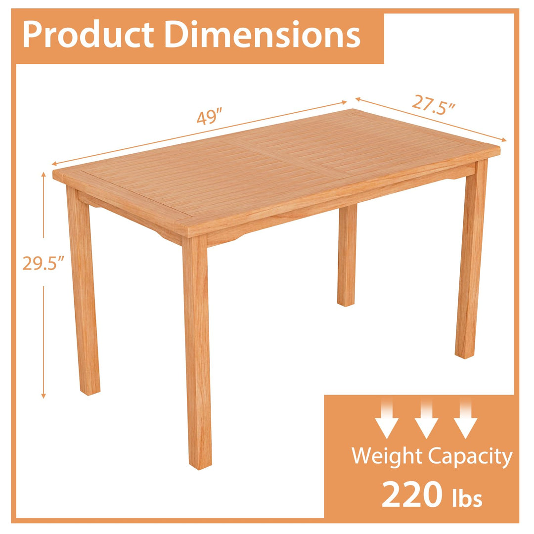 Giantex Patio Rectangle Dining Table, 49” x 27.5” Teak Wood Outdoor Table with Spacious Slatted Tabletop for 6 Person