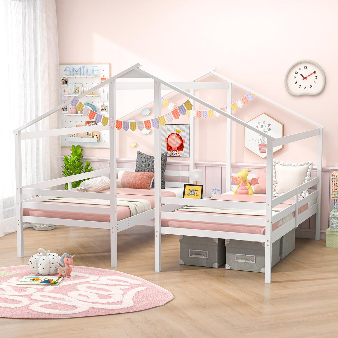 Giantex Double Twin Bed Frames for Kids, Wood House Shaped Platform with Built-in Nightstand &amp; USB Port