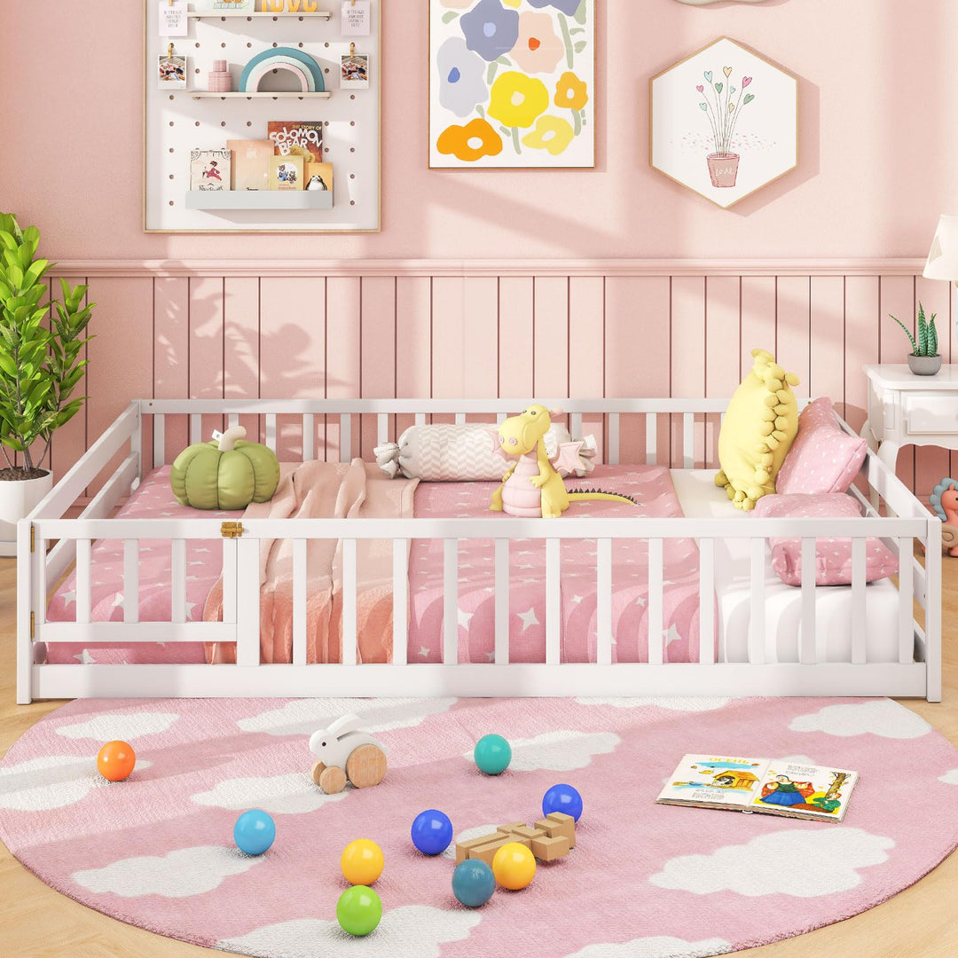 Giantex Floor Bed with Door &amp; Fence Kids Wood Montessori Beds with Safety Guardrails