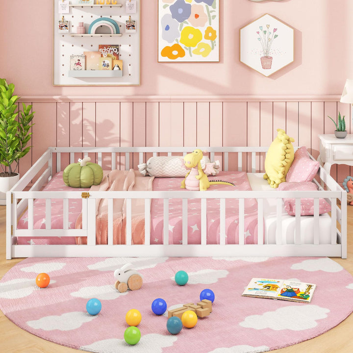 Giantex Floor Bed with Door &amp; Fence Kids Wood Montessori Beds with Safety Guardrails