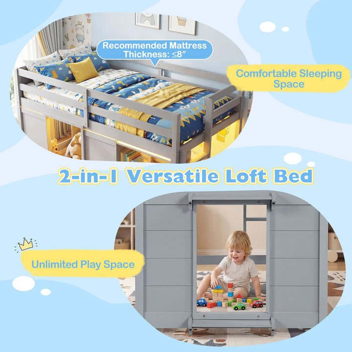 Giantex Wooden Low Kids Loft Bed with  LED Lights and 2 Doors