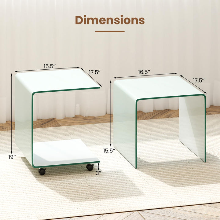 Giantex C-Shaped End Table with Wheels - Mobile Tempered Glass Sofa Couch Side Table w/2-Tier Storage Shelf