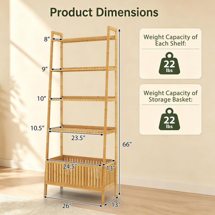 GIANTEX 66" 5-Tier Bamboo Plant Stand Ladder Shelf with Storage Basket