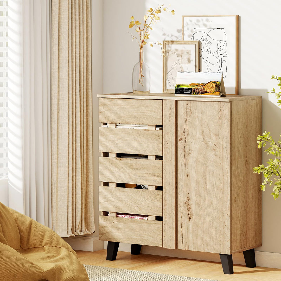Giantex 4-Tier Farmhouse Shoe Rack Cabinet with 2 Slatted Doors &amp; Removable Shelves