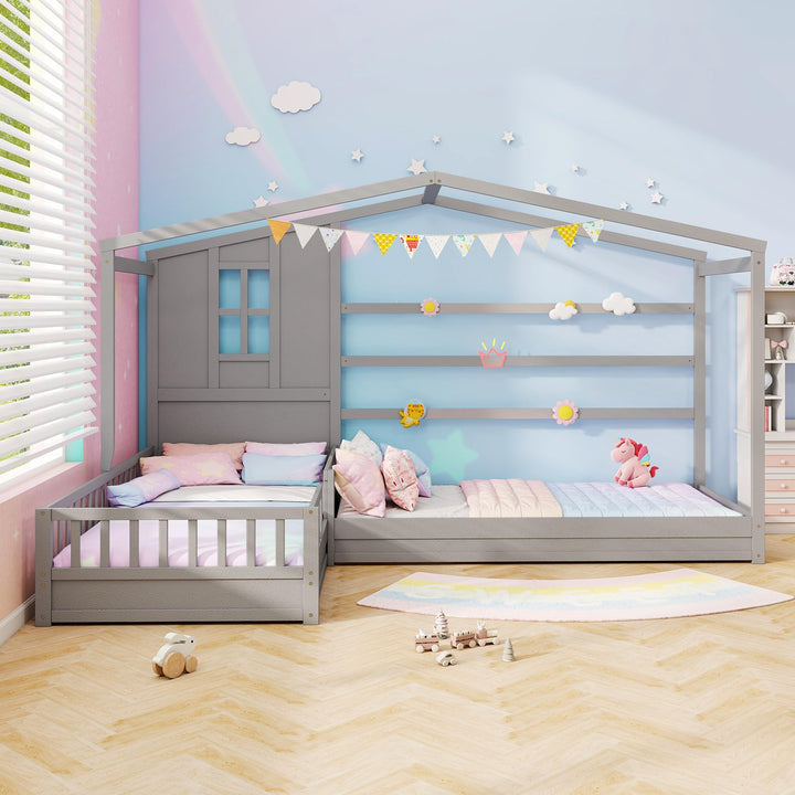 Giantex Double Twin Beds for Kids, House L-Shaped Platform Beds with Window &amp; Fences