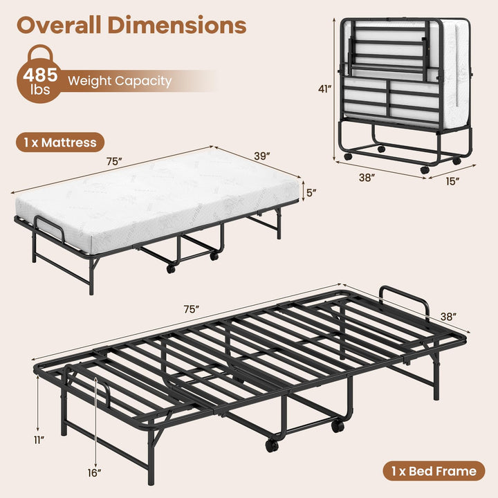 Giantex Twin Folding Bed Frame with 5 Inch Mattress, Portable Rollaway Guest Bed, 75" x 38"