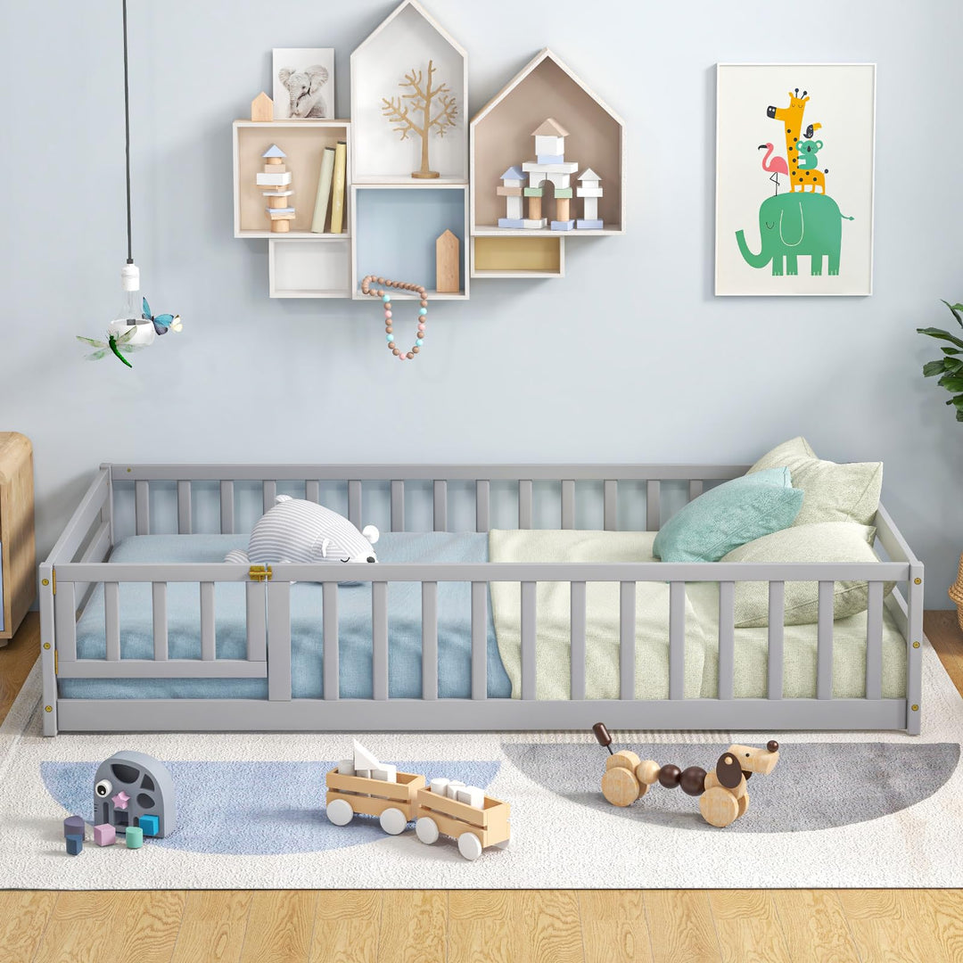 Giantex Twin Floor Bed with Door &amp; Fence, Kids Wood Montessori Bed with Safety Guardrails