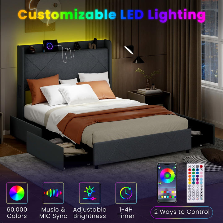 Giantex Full/Queen Size Bed Frame with 4 Storage Drawers &amp; LED Lights, Headboard &amp; Charging Station, Wooden Slats, Easy Assembly, Grey