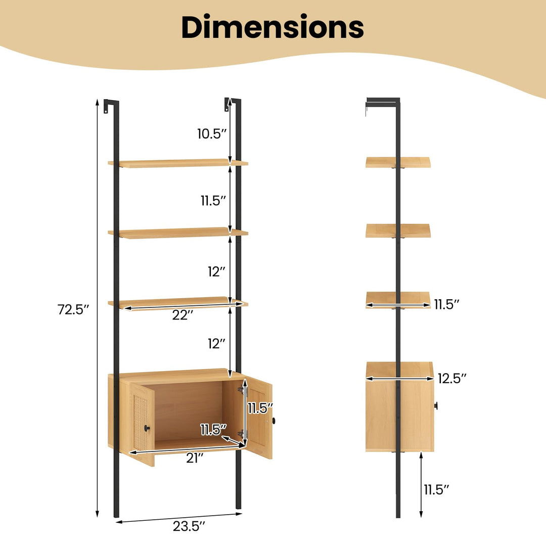 Giantex 72.5" Tall Wall-Mounted 5-Tier Ladder Bookcase with Rattan Cabinet