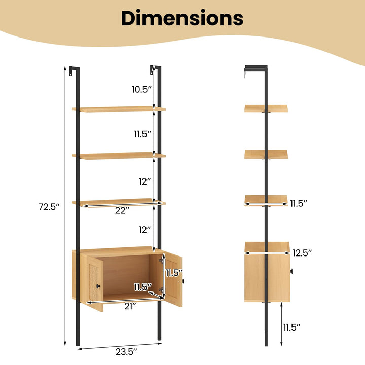 Giantex 72.5" Tall Wall-Mounted 5-Tier Ladder Bookcase with Rattan Cabinet