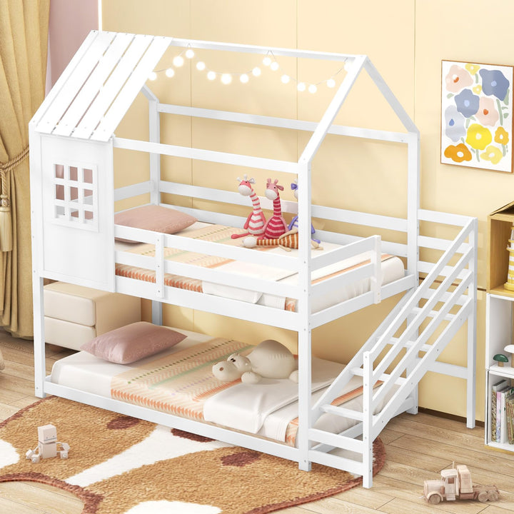 Giantex Twin Bunk Beds with Stairs, Floor House Bed with Roof &amp; Window