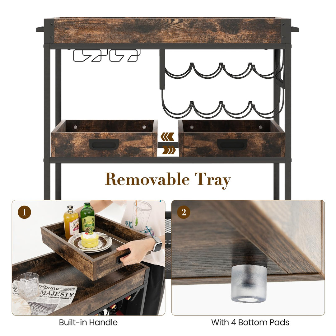 Giantex Rolling Bar Cart, 3-Tier Industrial Buffet Serving Cart with Wine Rack, Stemware Rack &amp; Removable Tray