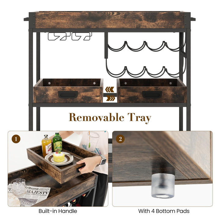 Giantex Rolling Bar Cart, 3-Tier Industrial Buffet Serving Cart with Wine Rack, Stemware Rack &amp; Removable Tray