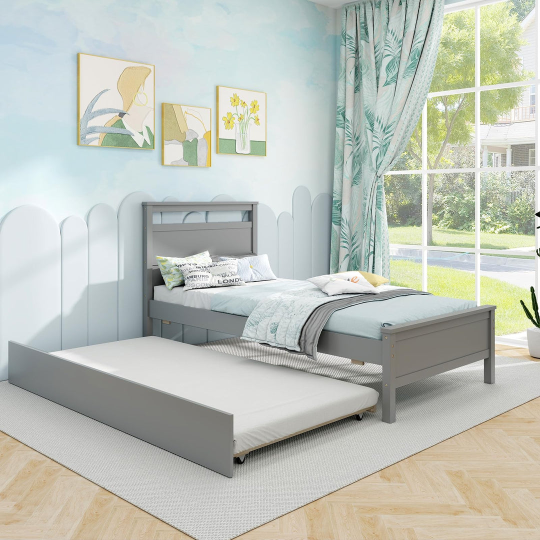 Giantex Trundle Bed Twin, Wood Day Bed Frame with Headboard &amp; Footboard