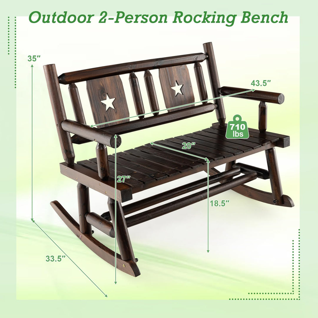 Giantex Outdoor Rocking Bench, Patio Loveseat Rocker for 2 w/Ergonomic Back &amp; Log Arms, Carbonized Fir Wood Frame