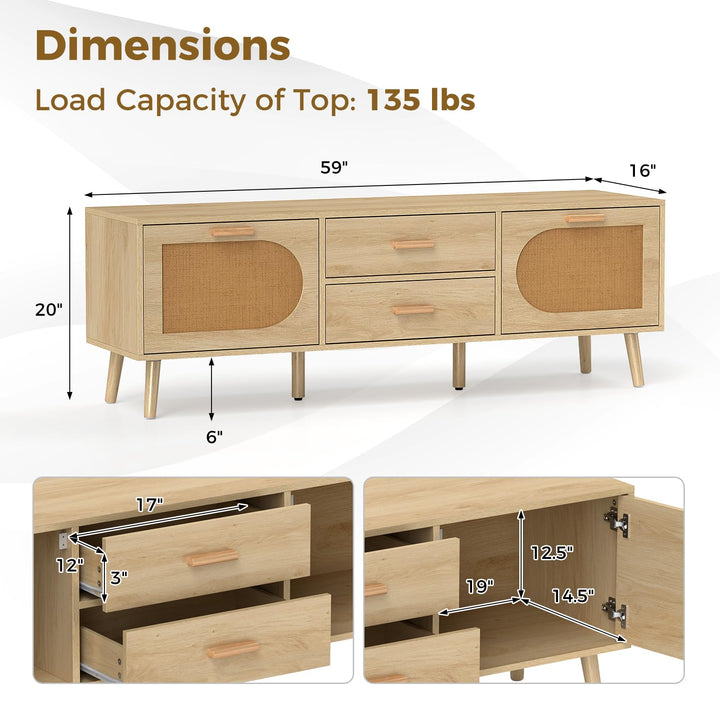 Giantex Rattan TV Stand for TVs up to 65 Inch, 59" TV Console Cabinet with Drawers &amp; Solid Wood Legs