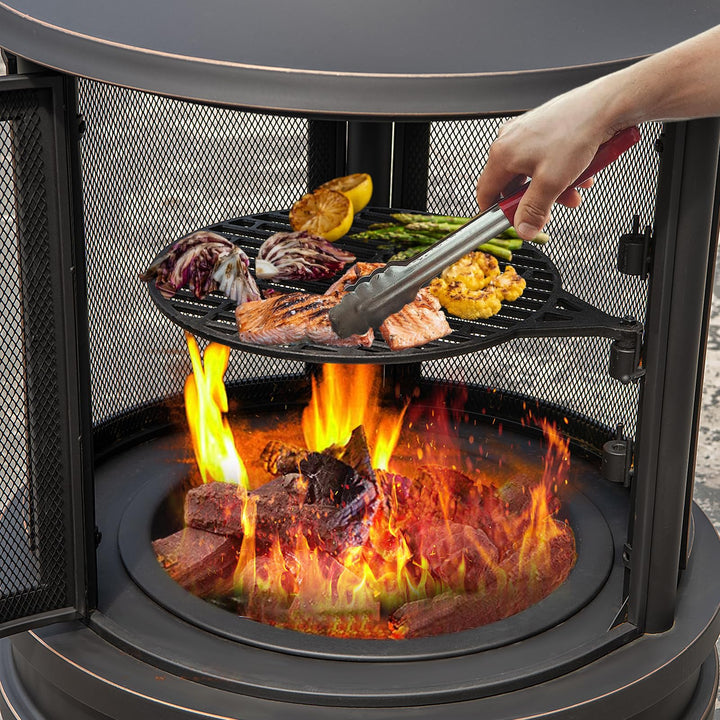 Giantex 2 in 1 Outdoor Fire Pit with Grill, 30 Inch Metal Chiminea, Wood Burning Fireplace with Chimney