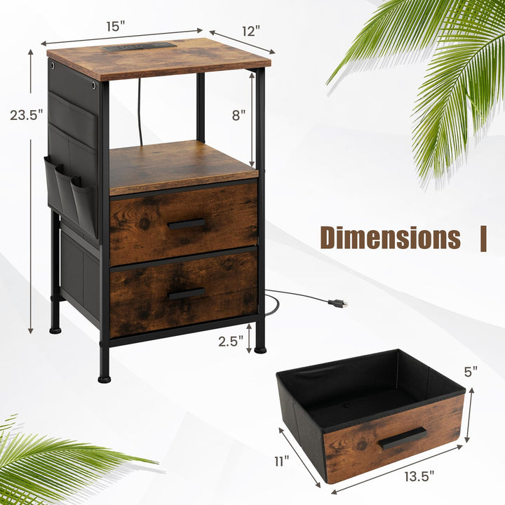 Giantex Nightstand with Charging Station, Industrial Bedside Table with 2 Fabric Drawers &amp; 6 Storage Pockets