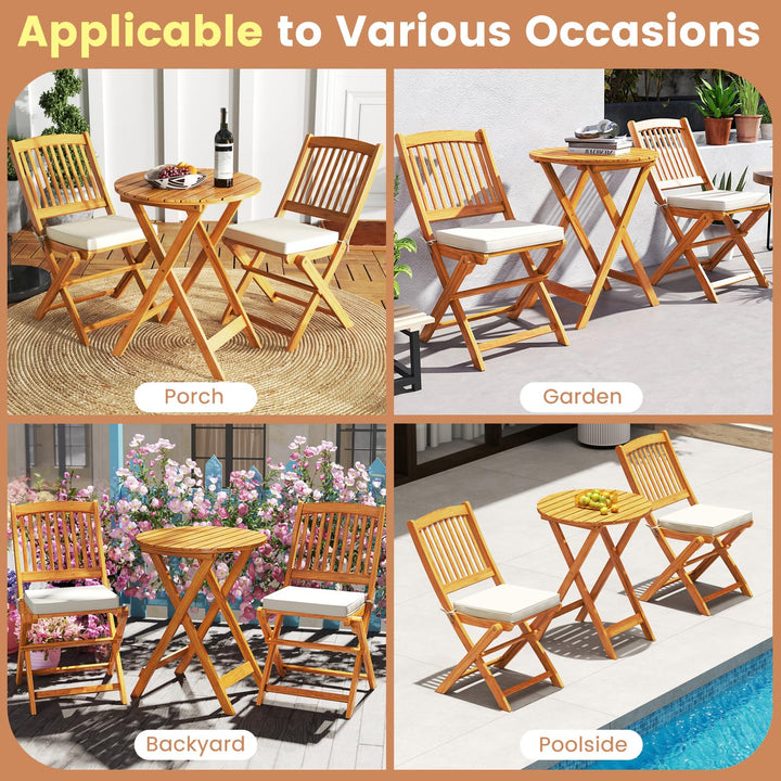 Giantex Patio Bistro Set 3 Pieces, Outdoor Acacia Wood Folding Table &amp; Chairs Set with 2 Padded Cushions
