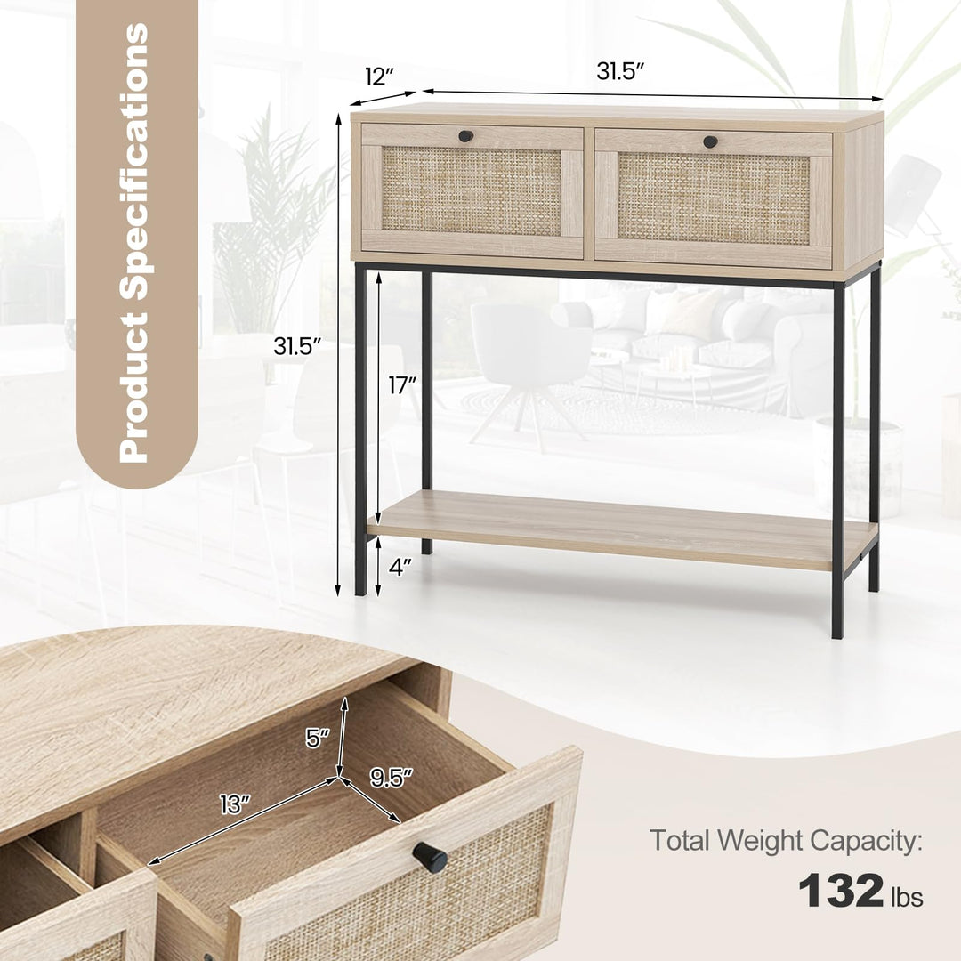 Giantex Console Table with Rattan Drawers - 31.5" Entryway Table w/ 2 Drawers &amp; Open Storage Shelf