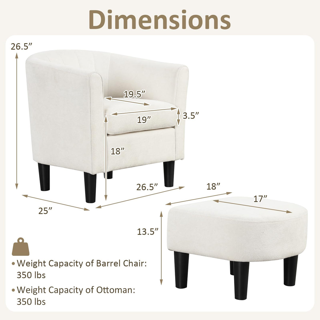 Giantex Modern Accent Chair with Ottoman, Upholstered Teddy Velvet Barrel Club Chair w/Footrest