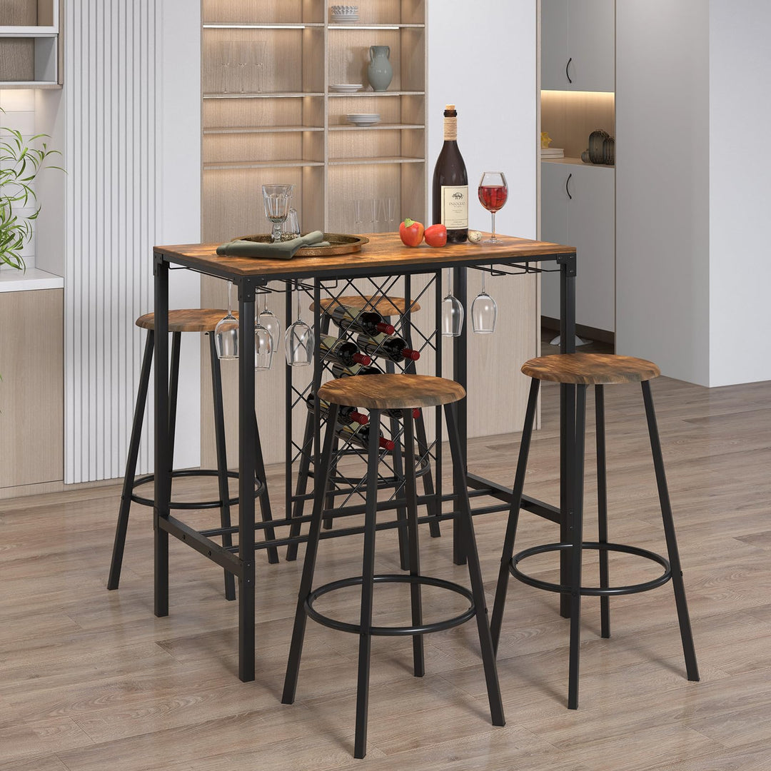 Giantex 5 Pieces Bar Table and Stools Set - Bar Height Table with Stools for 4, Kitchen Table Set with Wine Rack &amp; Glass Holder