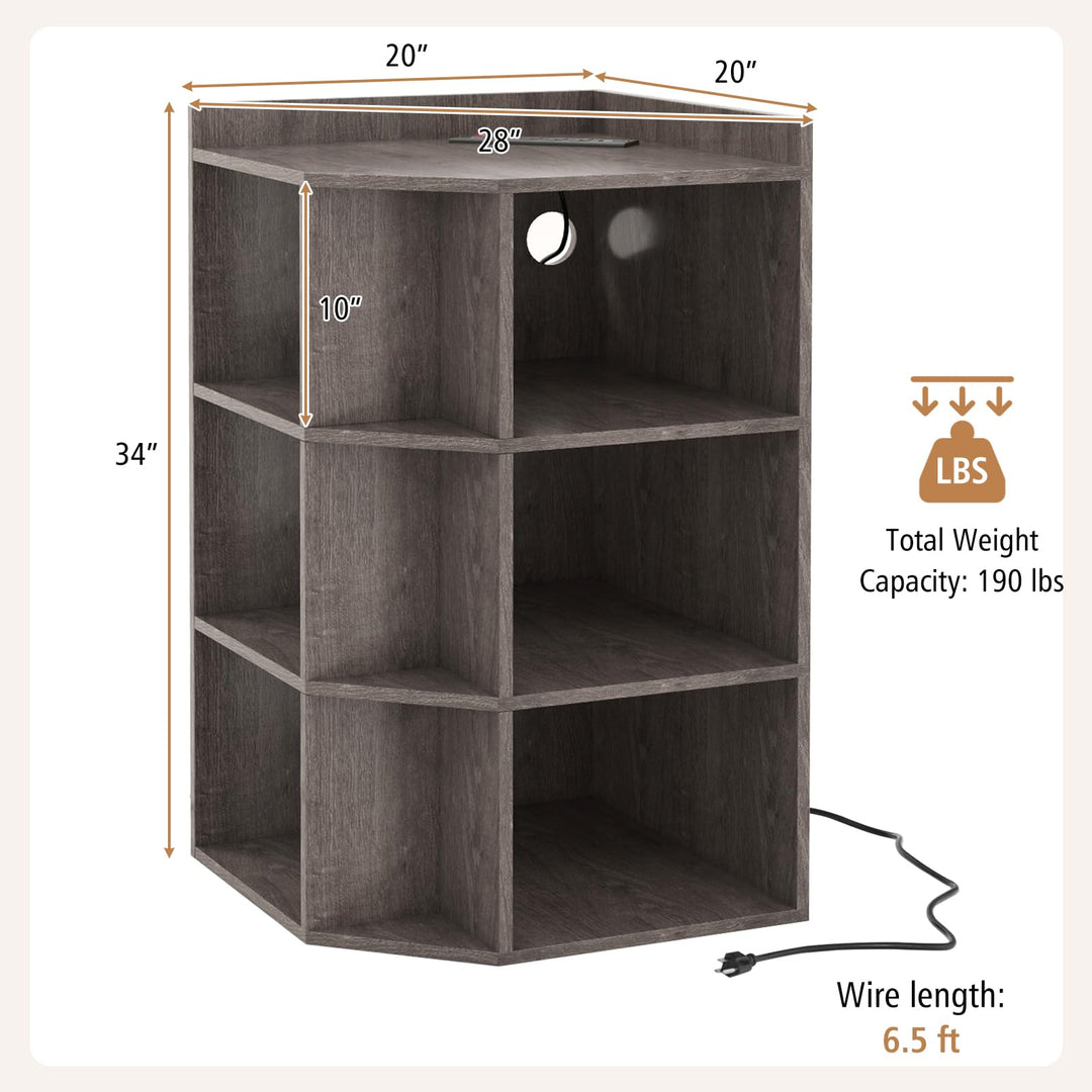 Giantex 3-Tier Corner Cabinet with Charging Station, Corner Shelf with 9 Cubbies, 2 USB Ports &amp; 4 Outlets