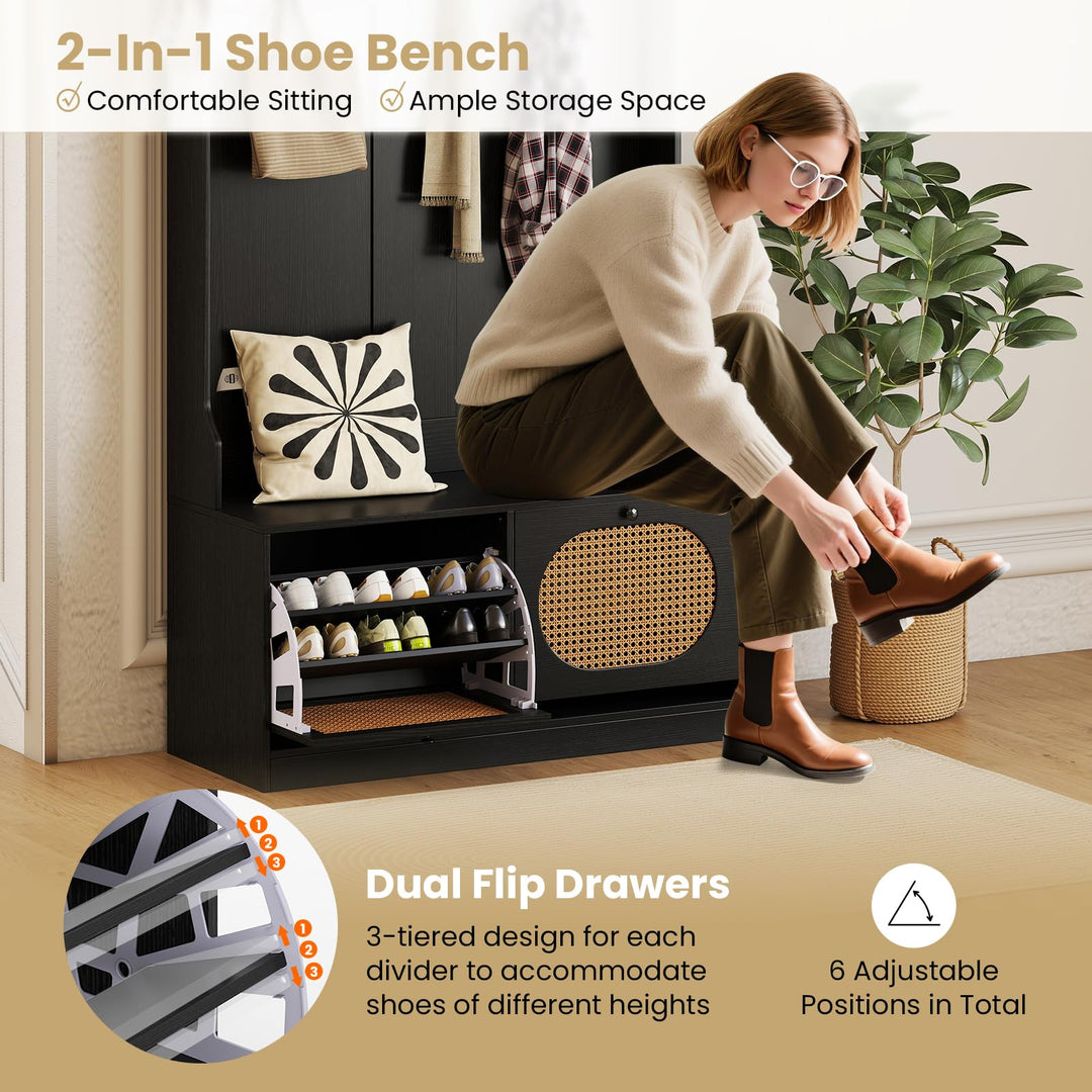 Giantex 4-In-1 Hall Tree Entryway Bench with Coat Rack &amp; Flip Drawers