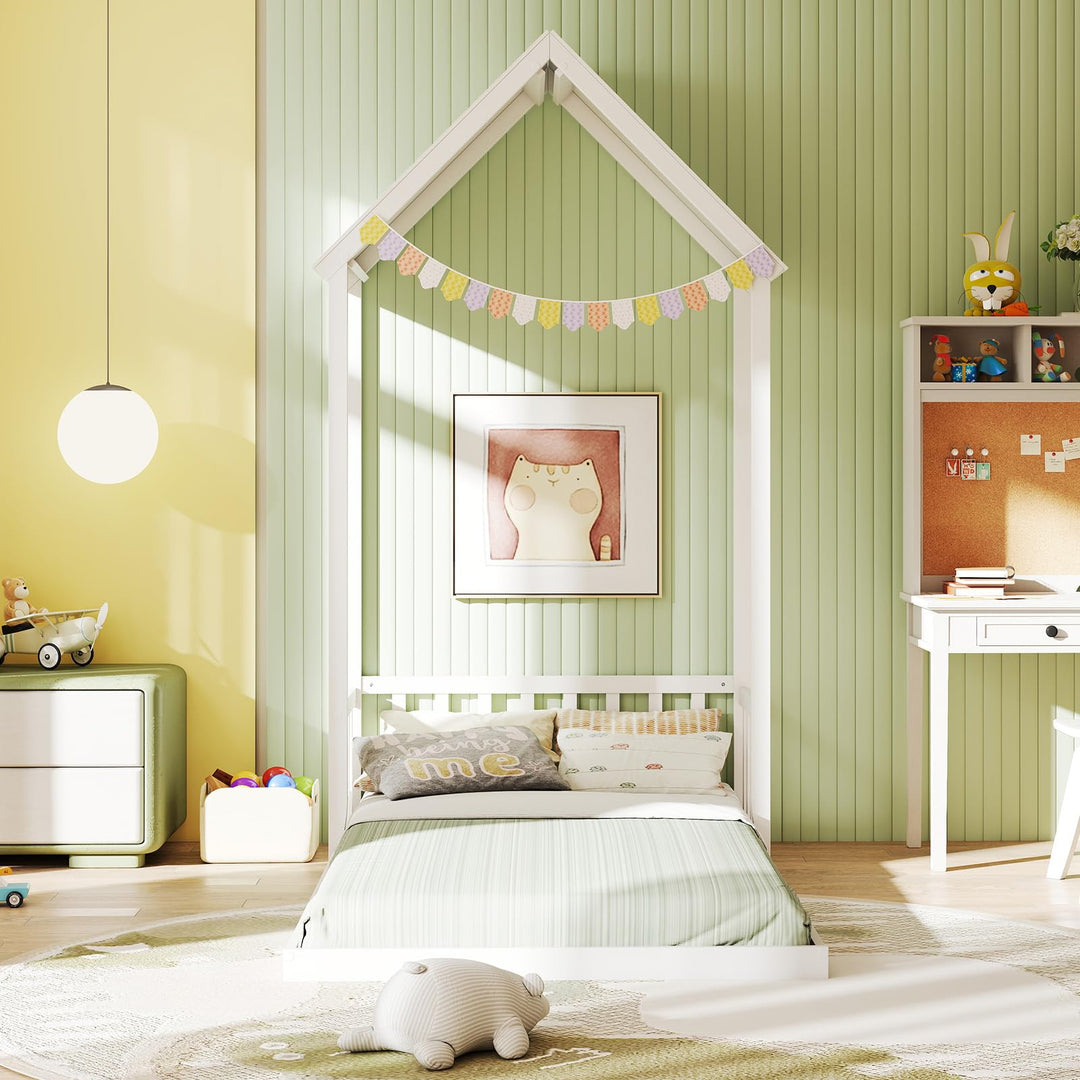 Giantex Twin Size House Bed Montessori Floor Bed with House Shape Roof &amp; Semi-Fence