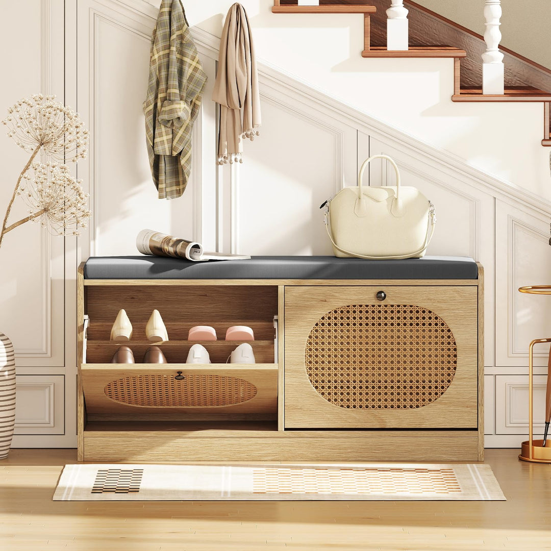 Giantex Rattan Shoe Storage Bench with 2 Flip Drawers &amp; Padded Seat Cushion