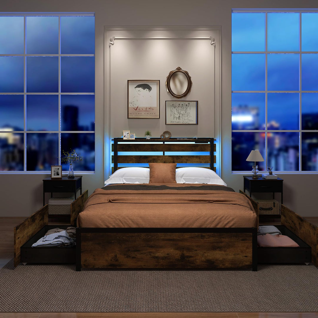 Giantex Queen/Full/Twin Size Bed Frame with LED Lights Headboard and 4 Storage Drawers