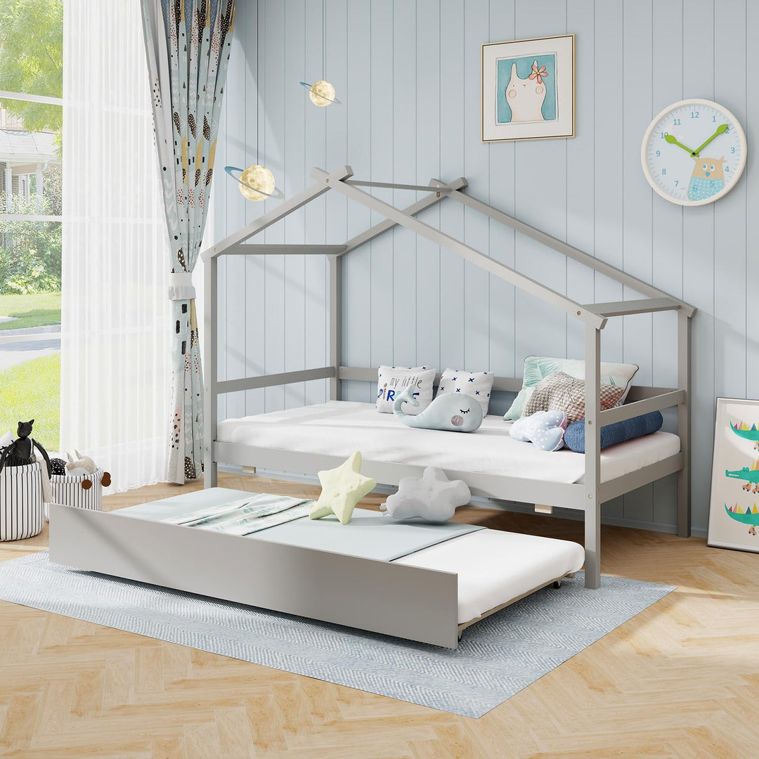 Giantex Wood House Bed for Kids, Twin Bed Frame with Trundle Bed Twin