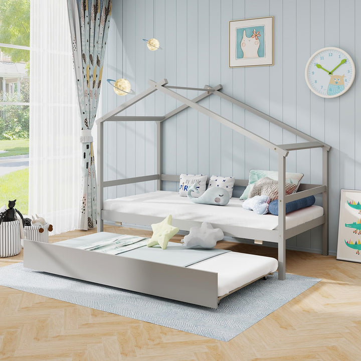 Giantex Wood House Bed for Kids, Twin Bed Frame with Trundle Bed Twin